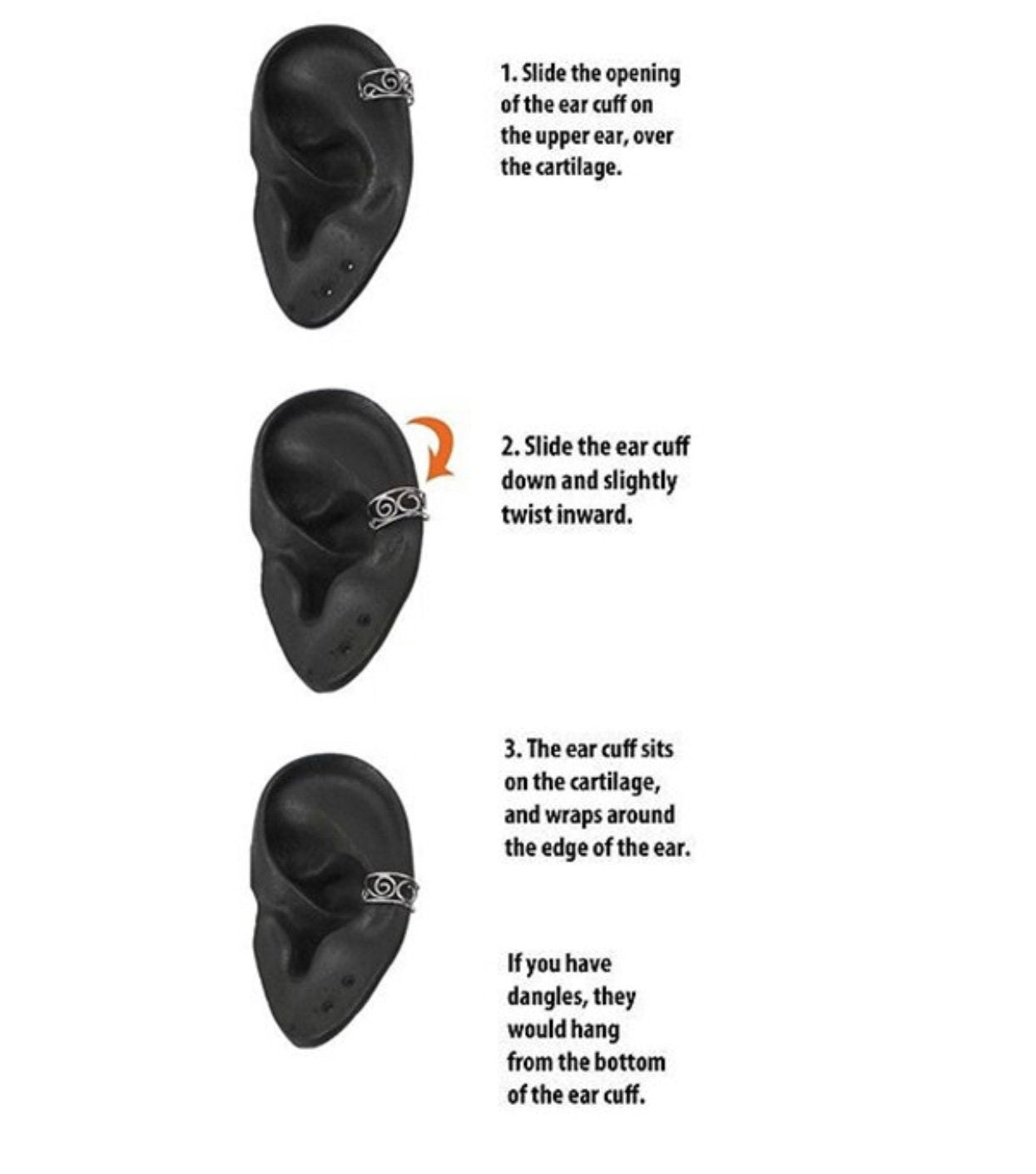 Cartilage wrap cuff earring instruction diagram with black ear and step panels