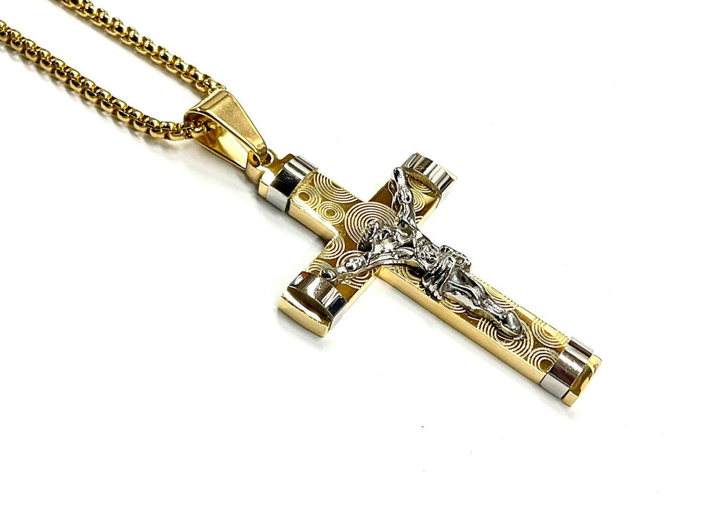 Cross crucifix necklace with gold chain and gold cross, silver Jesus crucifix center