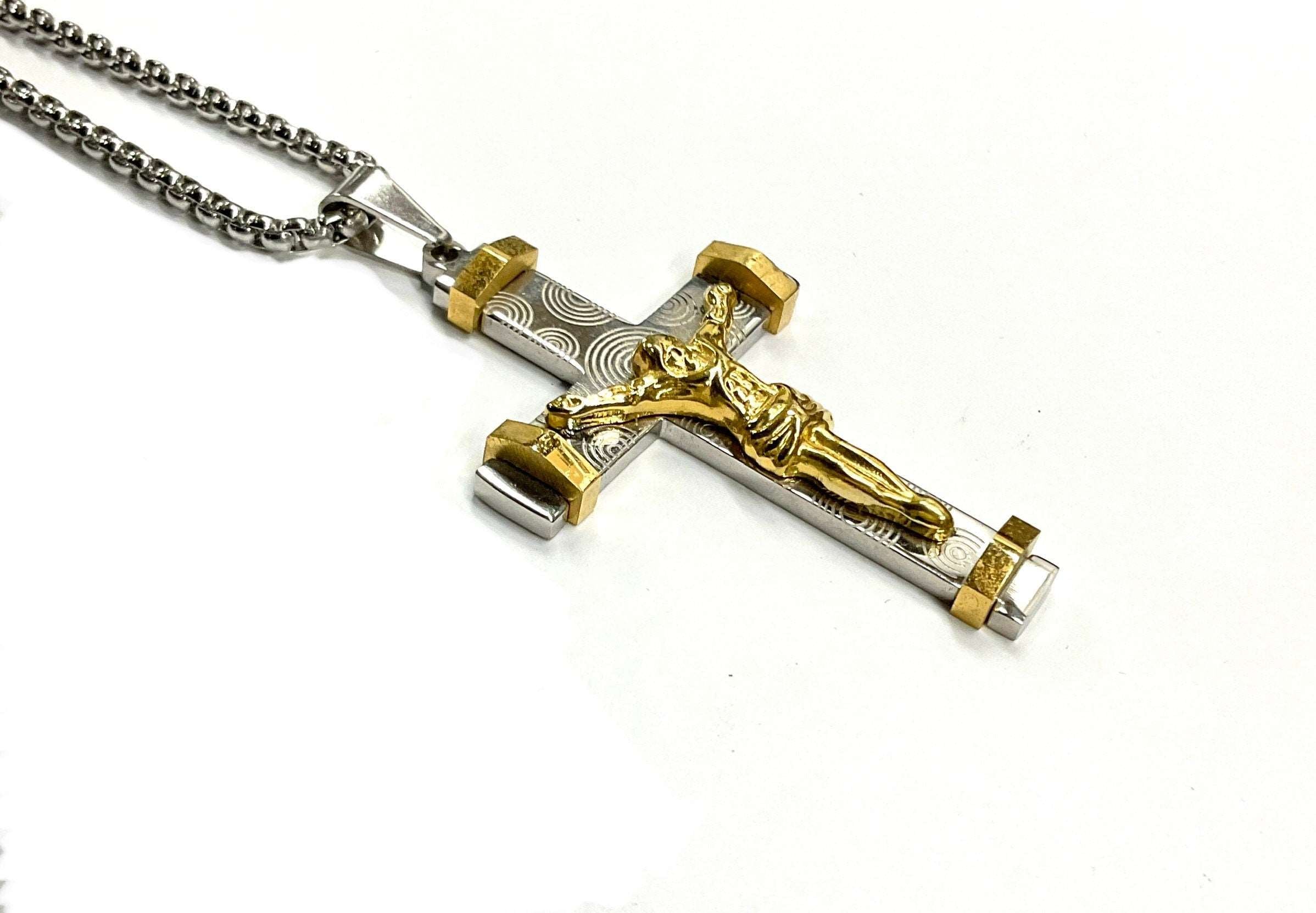 Cross crucifix necklace with silver chain and gold Jesus figure on cross pendant