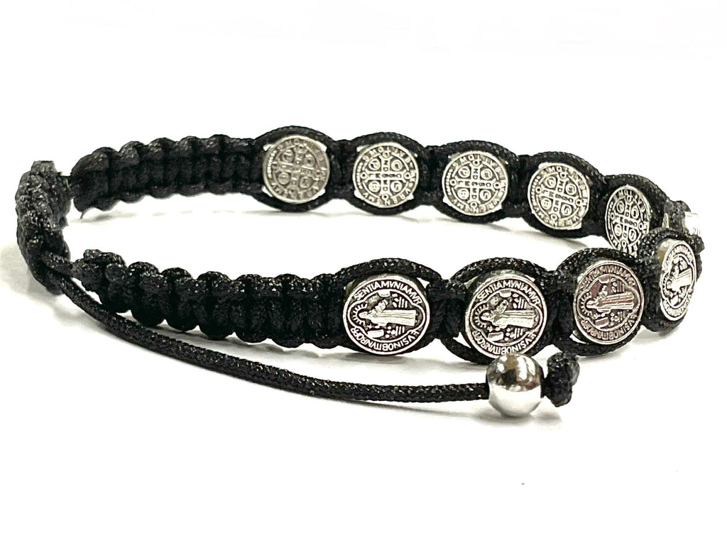 Black woven string wrap bracelet with round silver-tone coin medallions and pull ties
