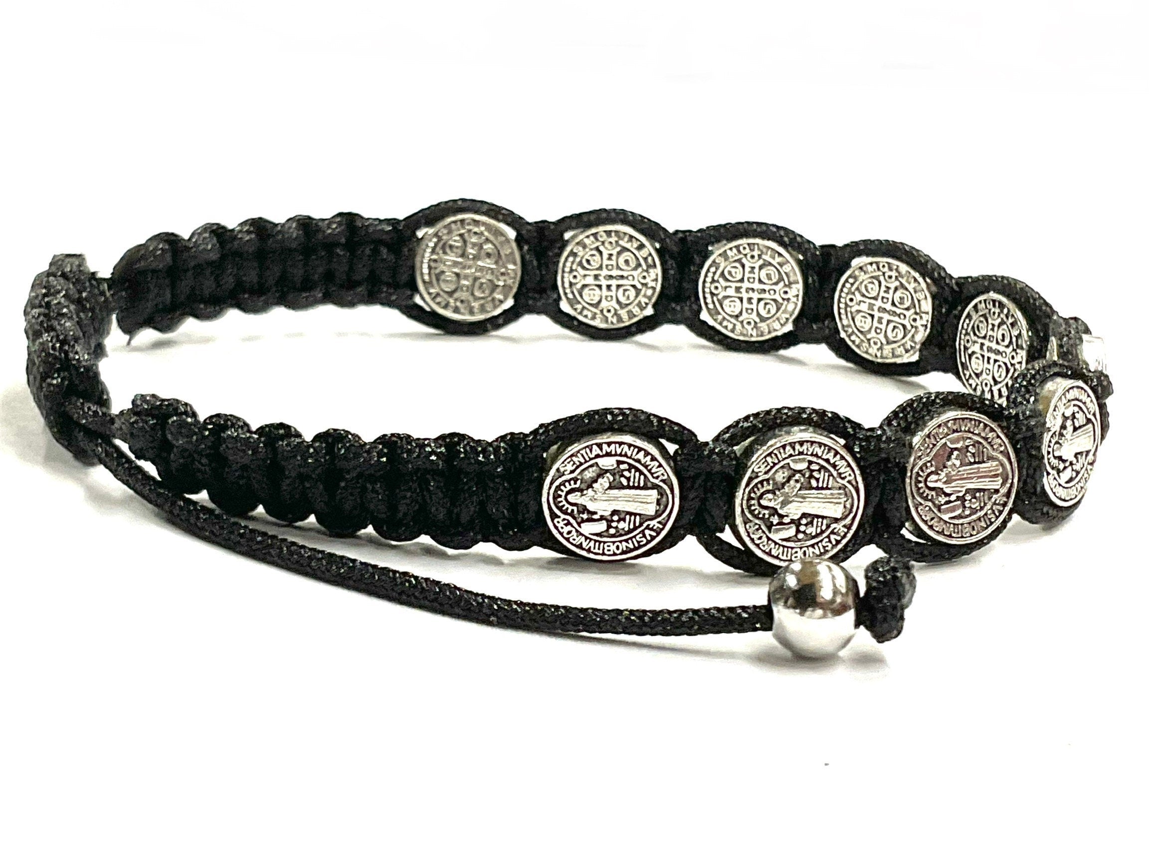 Black woven string wrap bracelet with round silver-tone coin medallions and pull ties