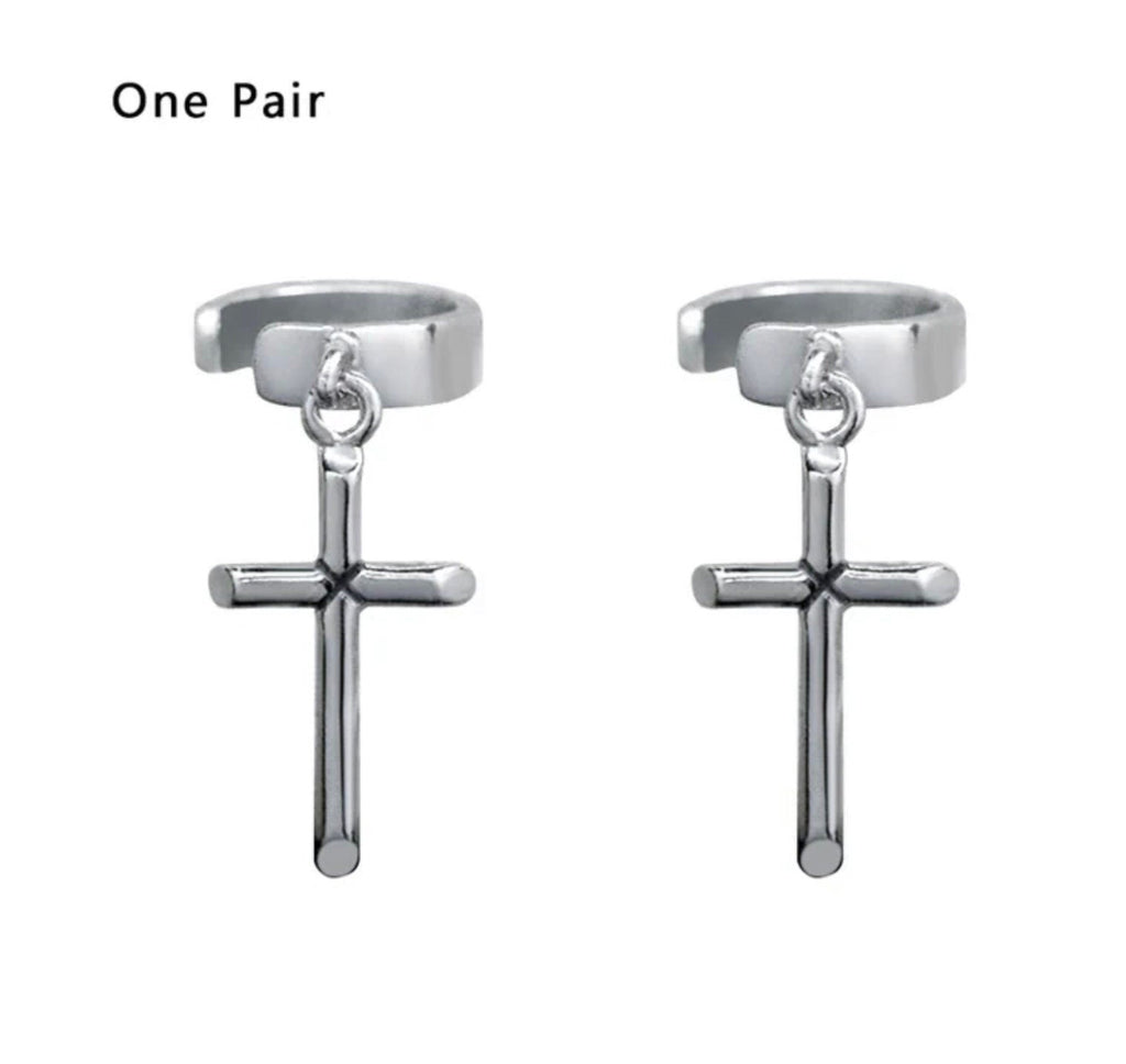Pair of sterling silver cross dangle ear cuffs with hoop clamp and connector