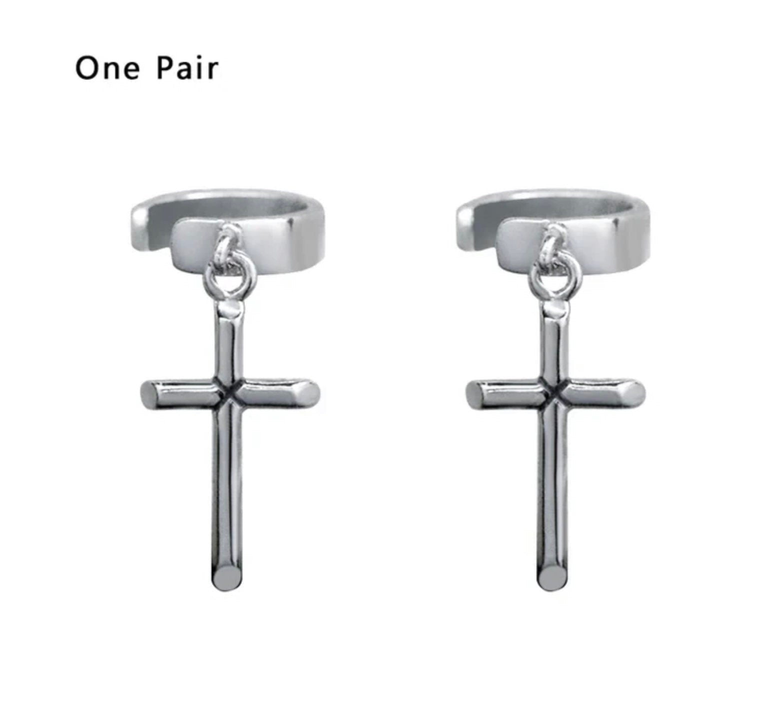 Pair of sterling silver cross dangle ear cuffs with hoop clamp and connector