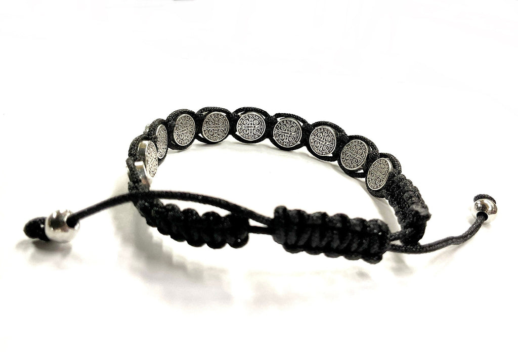 Black woven string bracelet with silver-tone round coin row and metal end beads