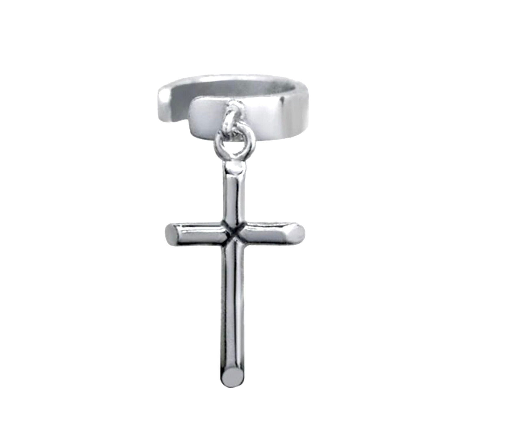 Sterling silver cross dangle ear cuff with hinged hoop and dangling cross