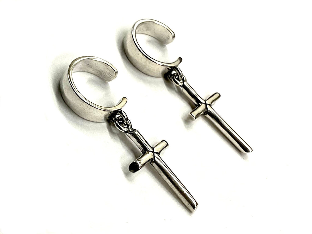 Sterling silver cross dangle ear cuffs with hoop tops and hinged clamps