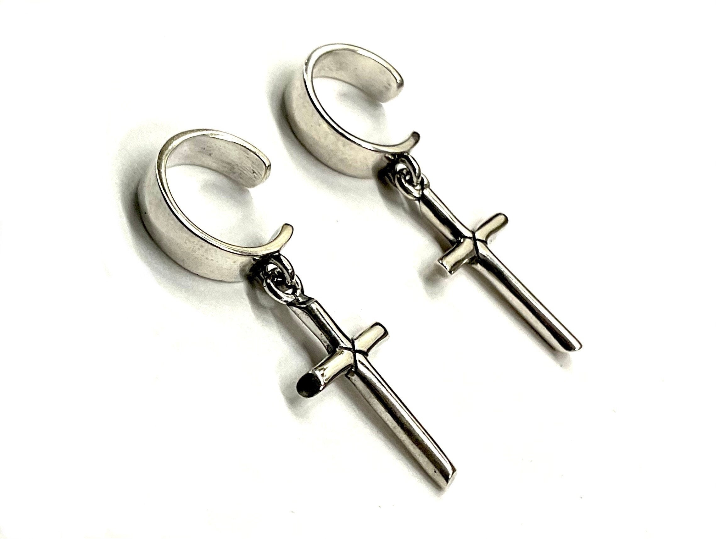 Sterling silver cross dangle ear cuffs with hoop tops and hinged clamps