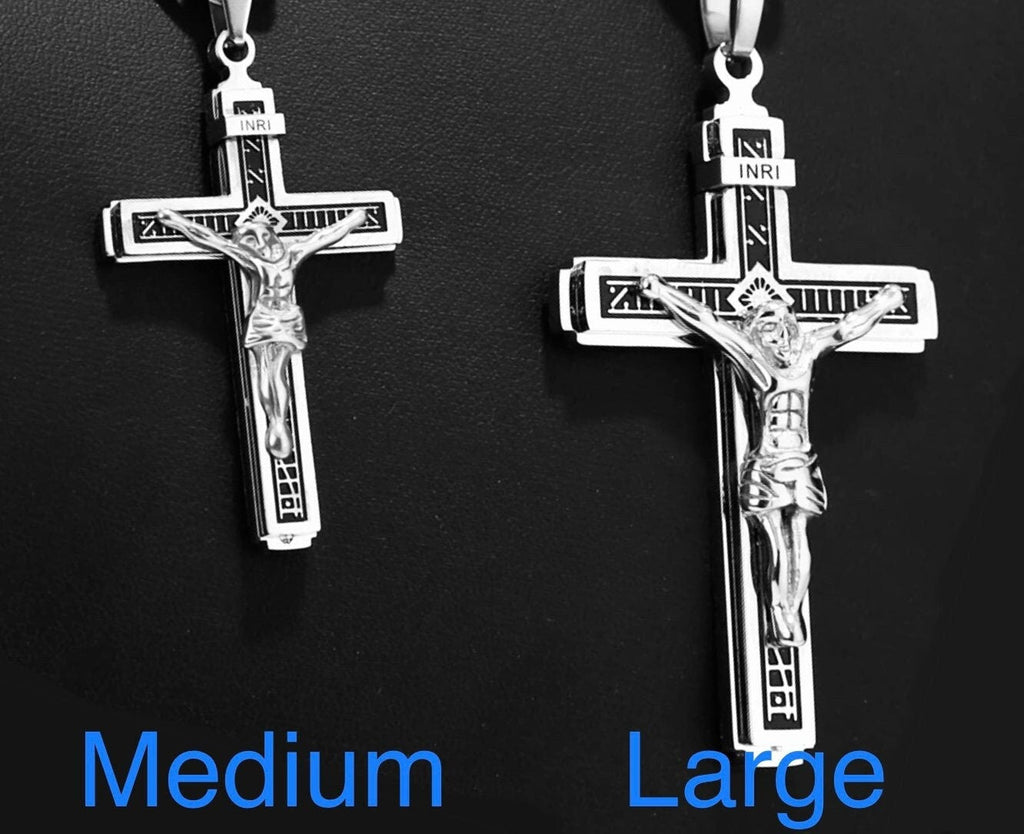 Silver gothic crucifix cross pendant necklace with Jesus and INRI, curb chain
