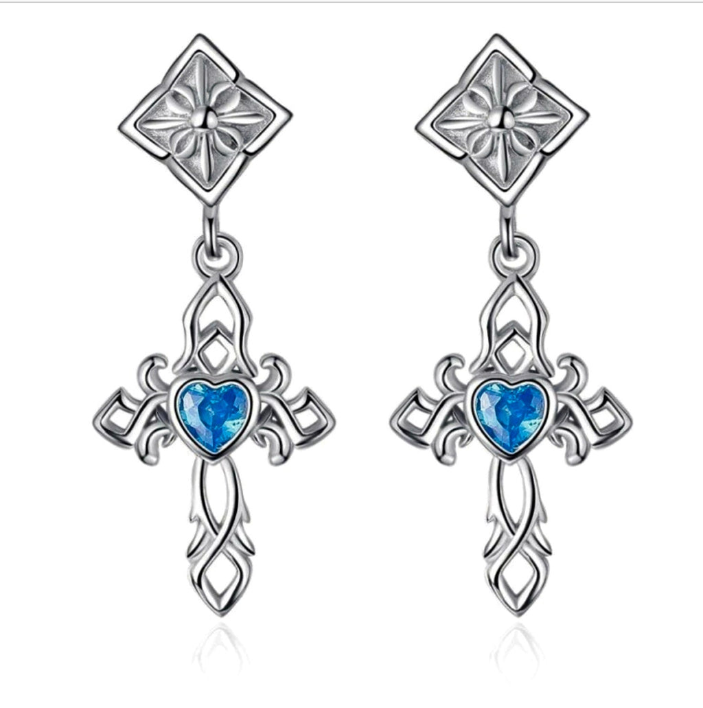 Sterling silver blue zircon cross dangle earrings with heart center and floral frame
