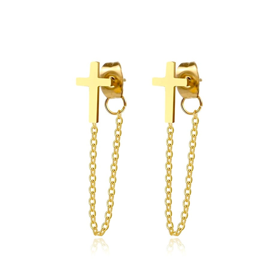 Gold cross tassel chain hoop earrings with linked hanging drops