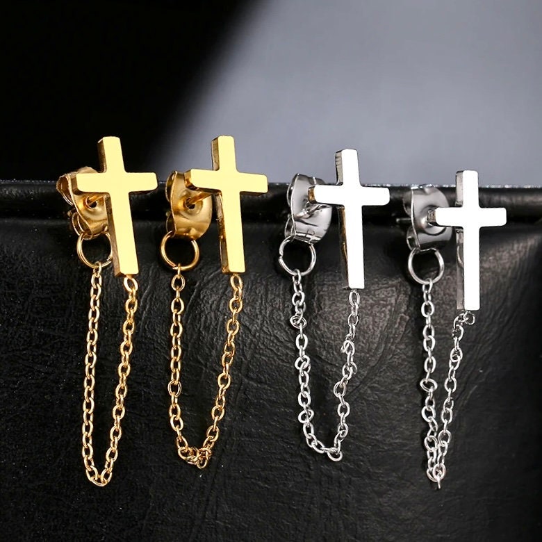 Cross tassel chain earrings in gold and silver tones with hanging chains