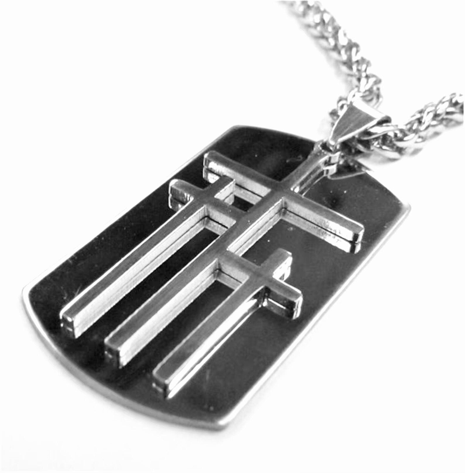 Silver-tone dog tag pendant with triple cross cutouts and chain link