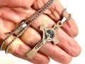 Crucifix cross and Saint Benedict medal pendant on silver-tone chain, round INRI charm