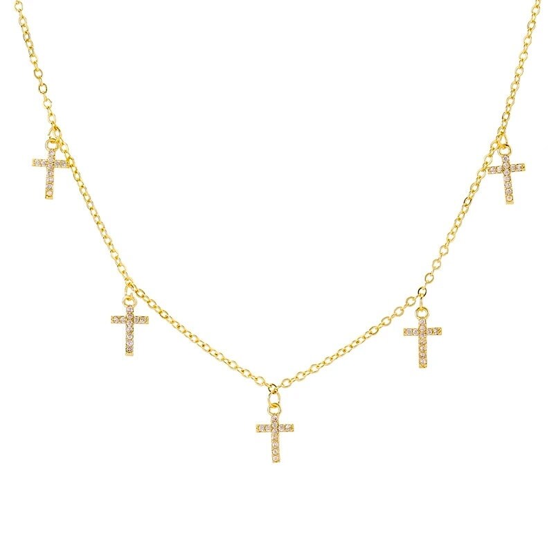 Gold-tone cross pendant necklace with five tiny cross charms