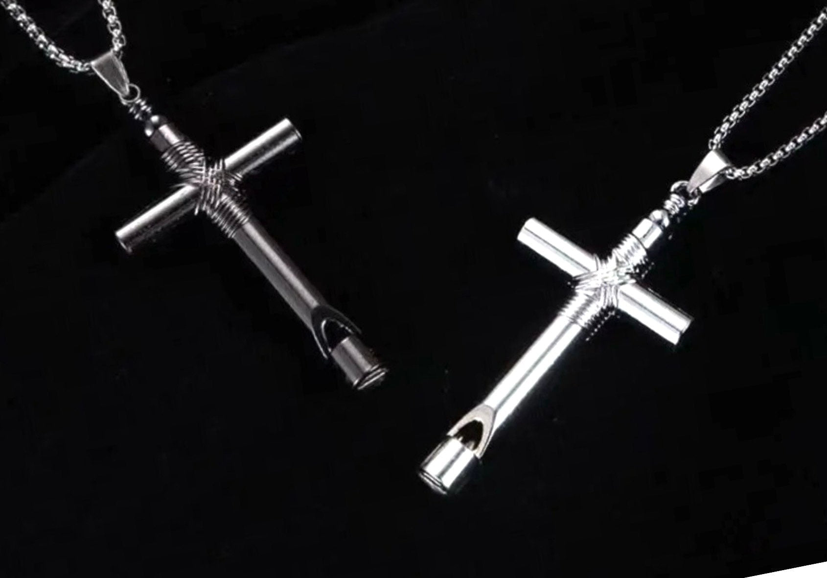 Silver tone cross whistle pendant necklace with chain
