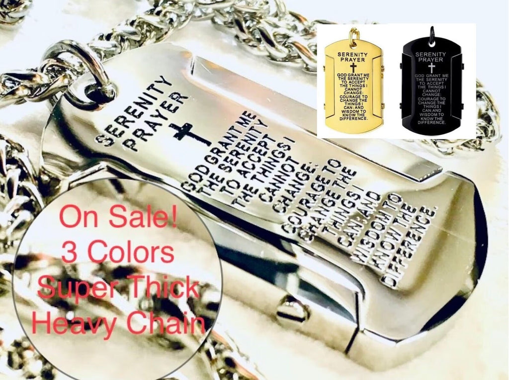Silver serenity prayer dog tag necklace pendant with cross and engraved scripture
