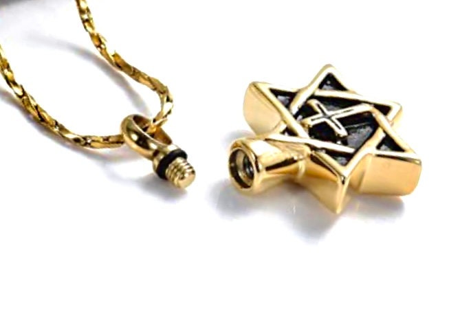 Gold memorial urn necklace pendant with star-of-David and cross on gold chain