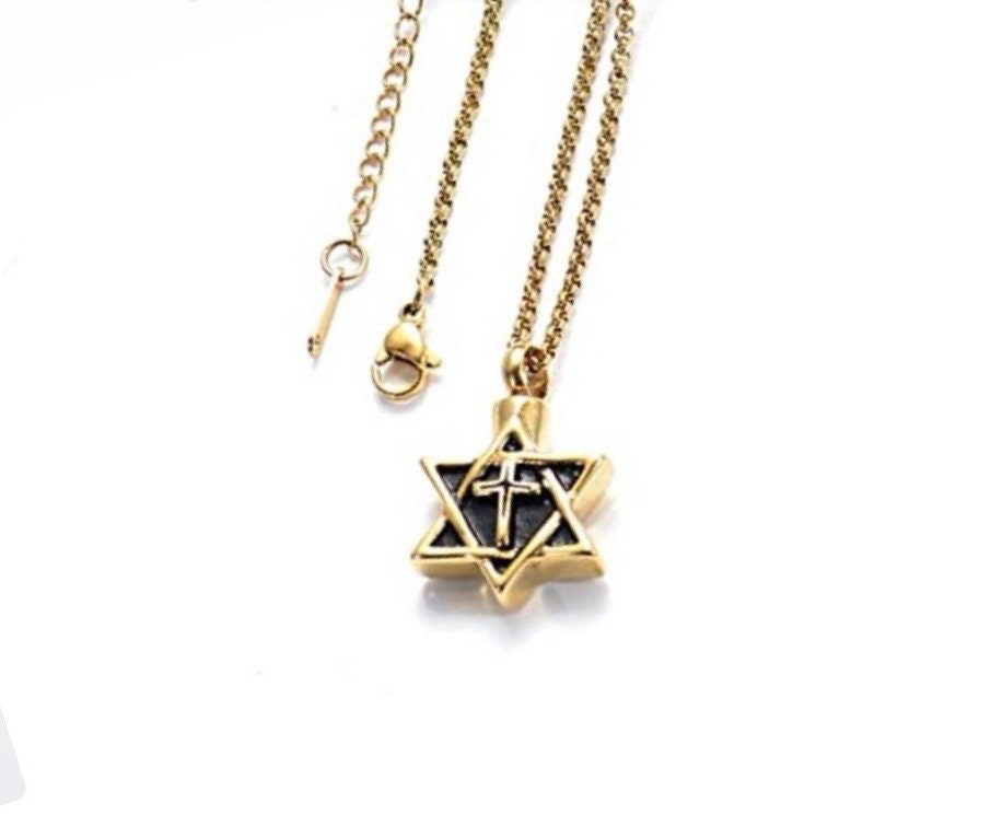 Gold star of David memorial urn necklace with cross pendant and matching chain