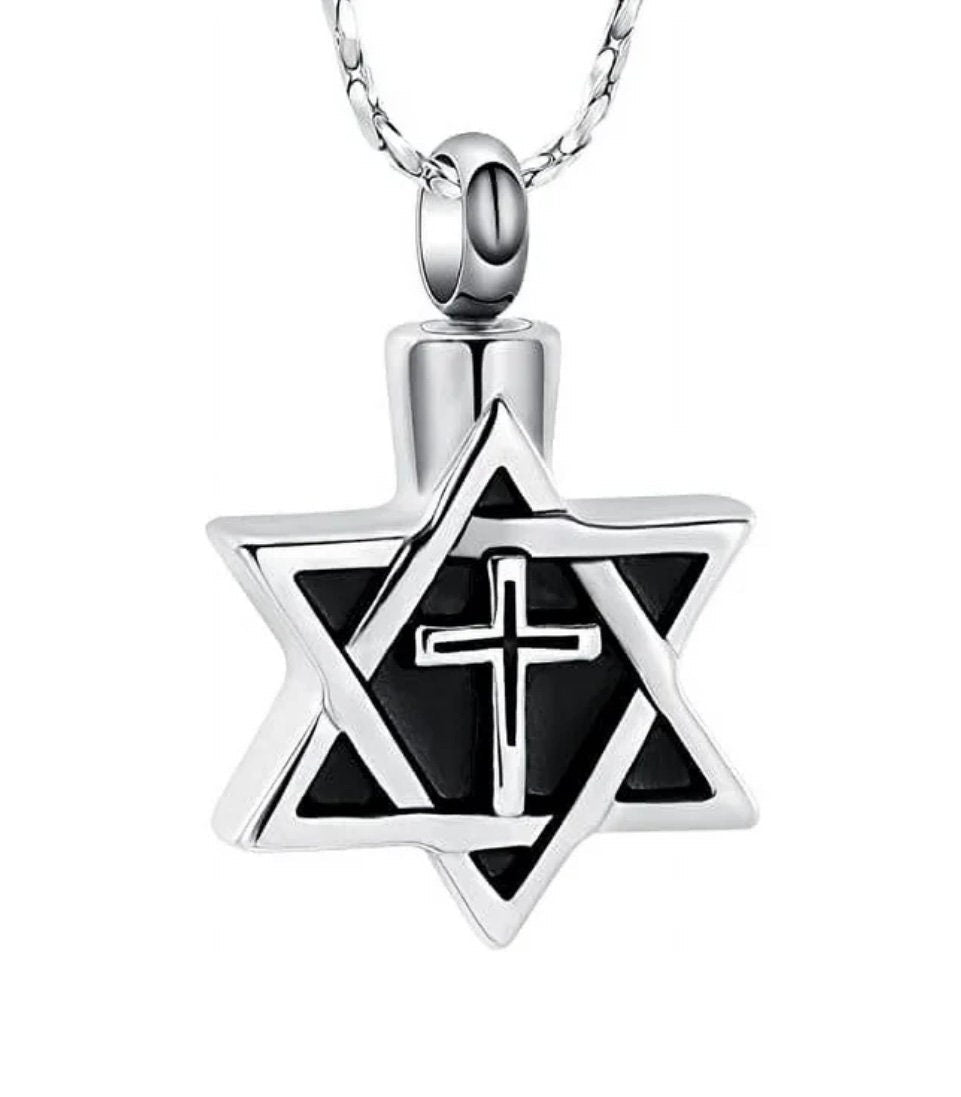 Silver star of David memorial urn necklace pendant with black center and white cross