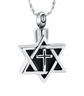 Silver star of David memorial urn necklace pendant with black center and white cross