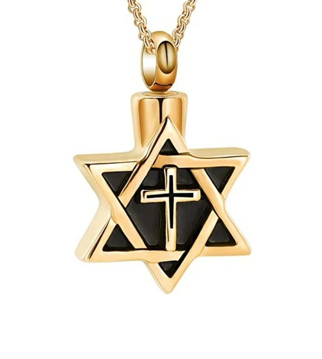 Gold star of David memorial urn necklace pendant with black center and white cross