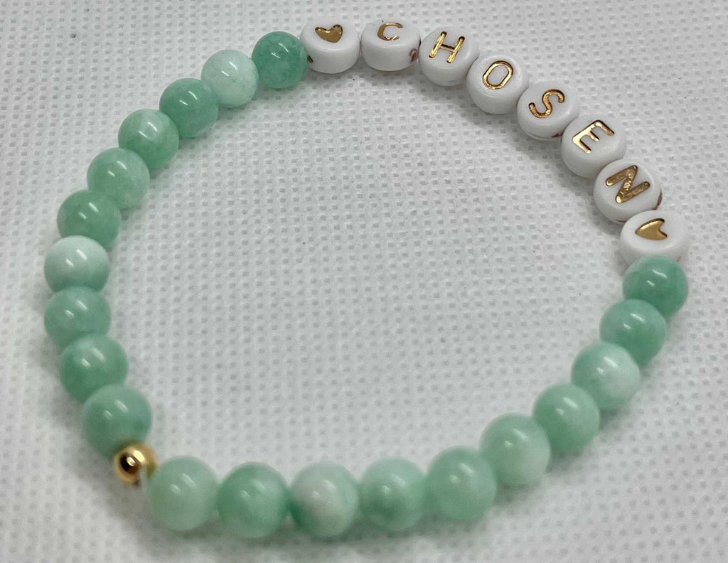 Jade green bead bracelet with white CHOSEN beads and small gold heart charm