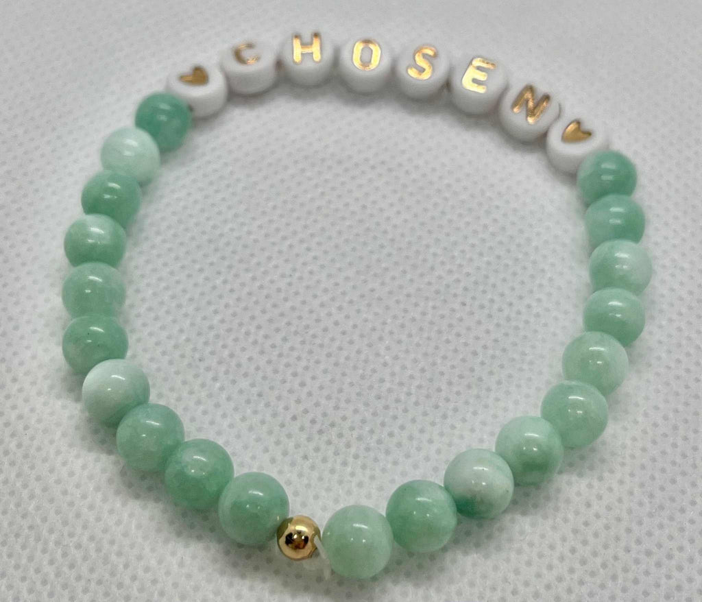 Jade green bead bracelet with white CHOSEN letter beads