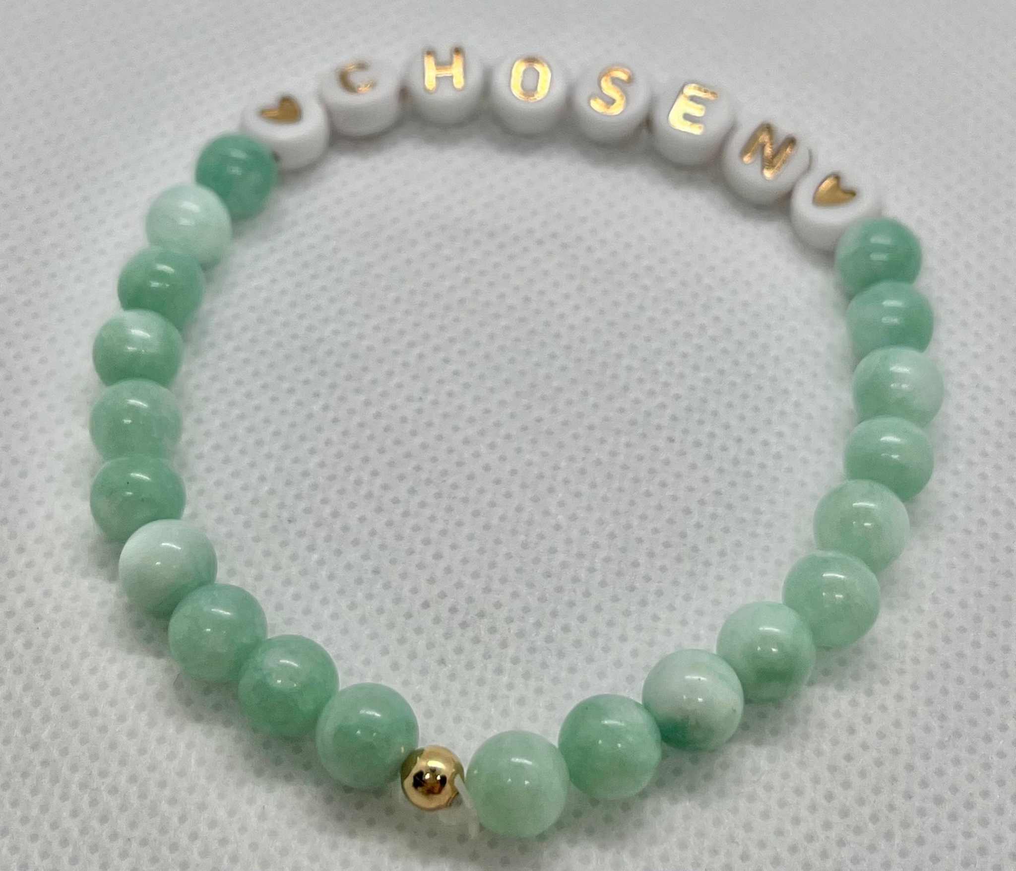 Jade green bead bracelet with white CHOSEN letter beads