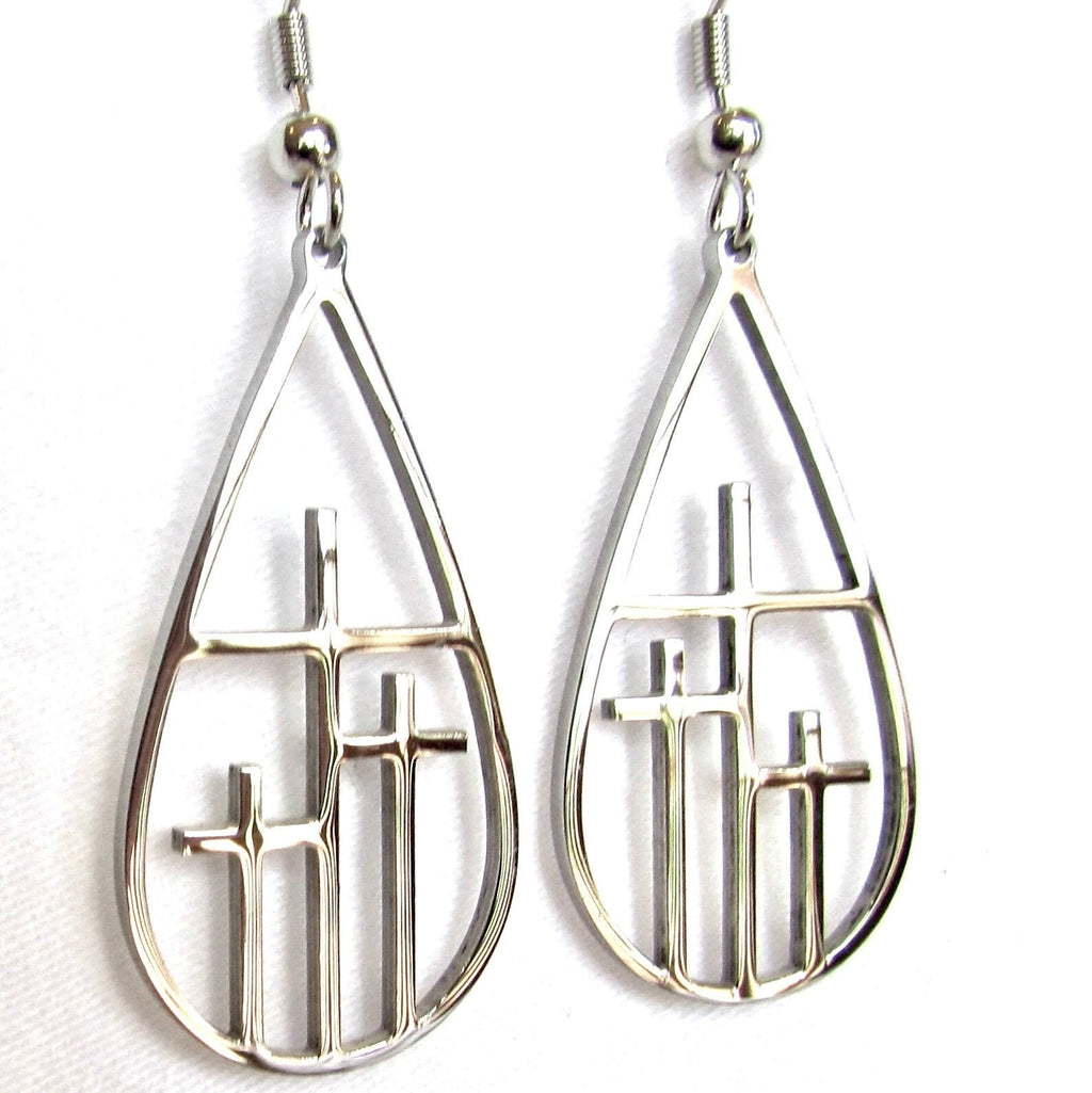 Silver-tone teardrop cross drop earrings with raised cross motif