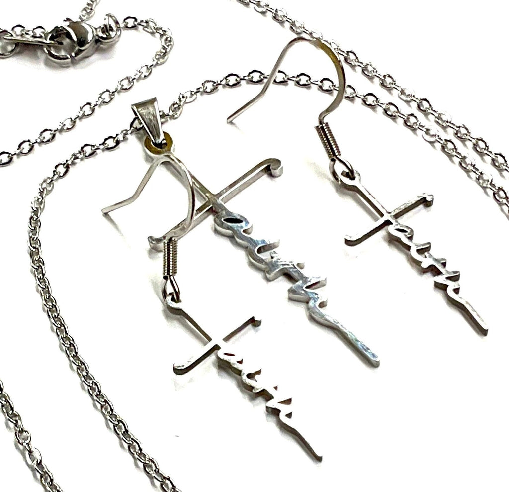 Silver cross pendant necklace with dangling cross-and-script earrings