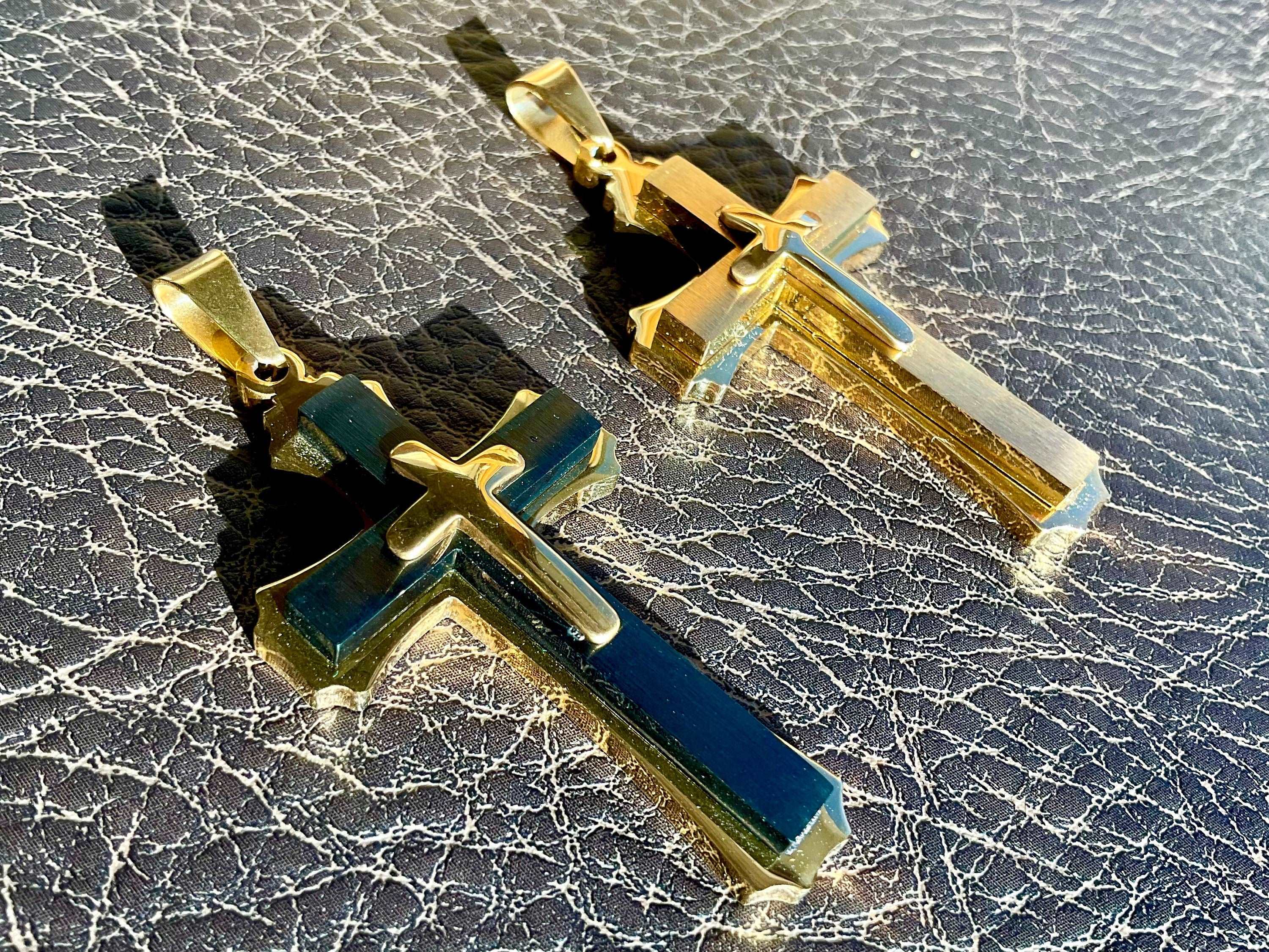 Gold-tone crucifix cross pendant necklace with blue-green inlay accents