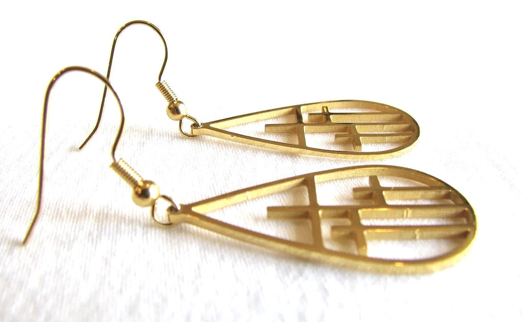 Gold-tone teardrop drop earrings with cross bar cutout pattern