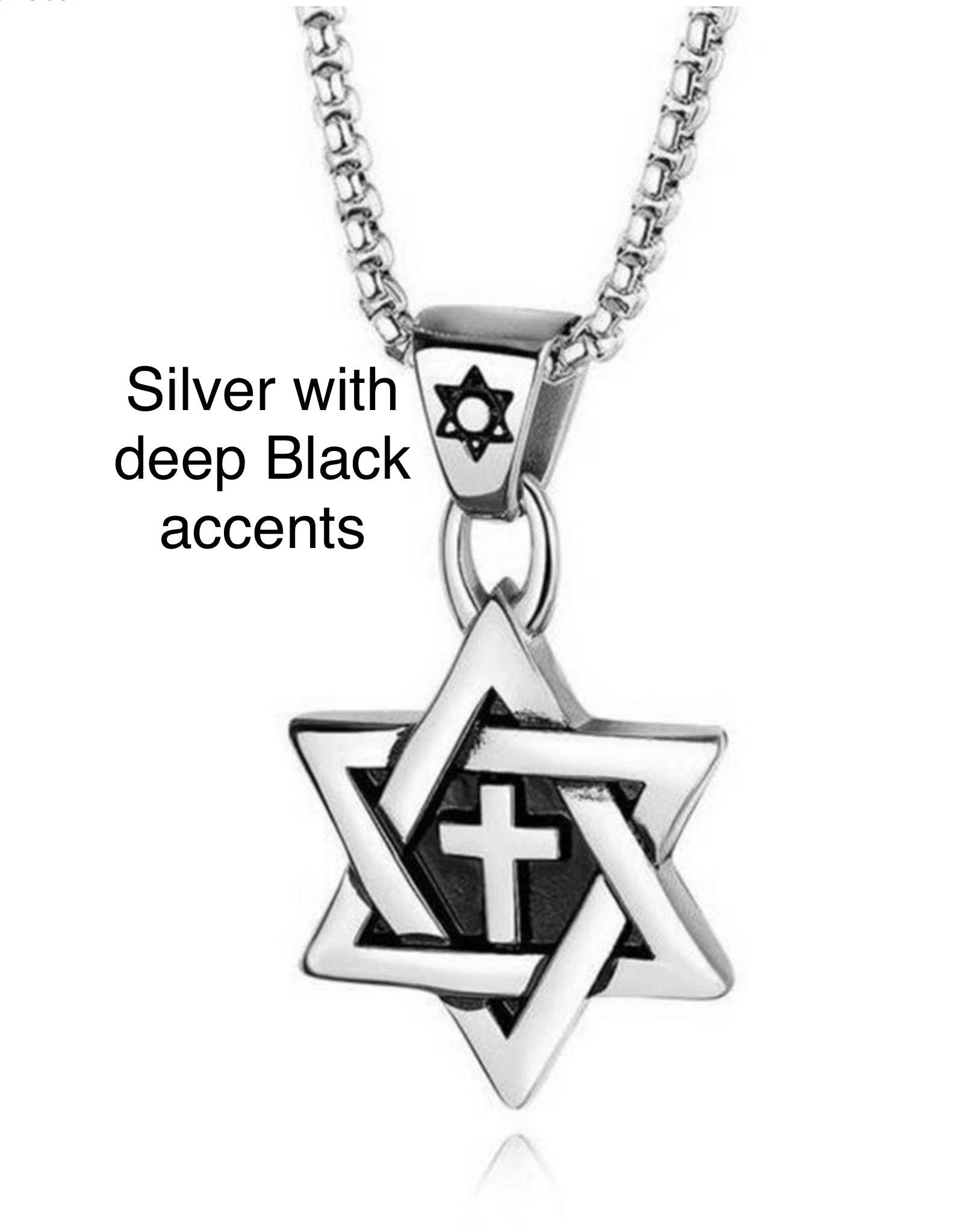 Star of David cross pendant necklace with black accents and silver-tone chain