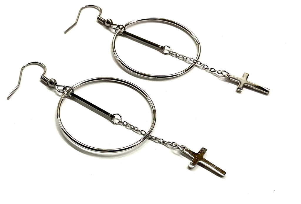 Silver-tone hoop earrings with long chain dangle and cross pendant charms