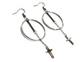 Silver-tone hoop cross drop earrings with dangling chain and small cross charm