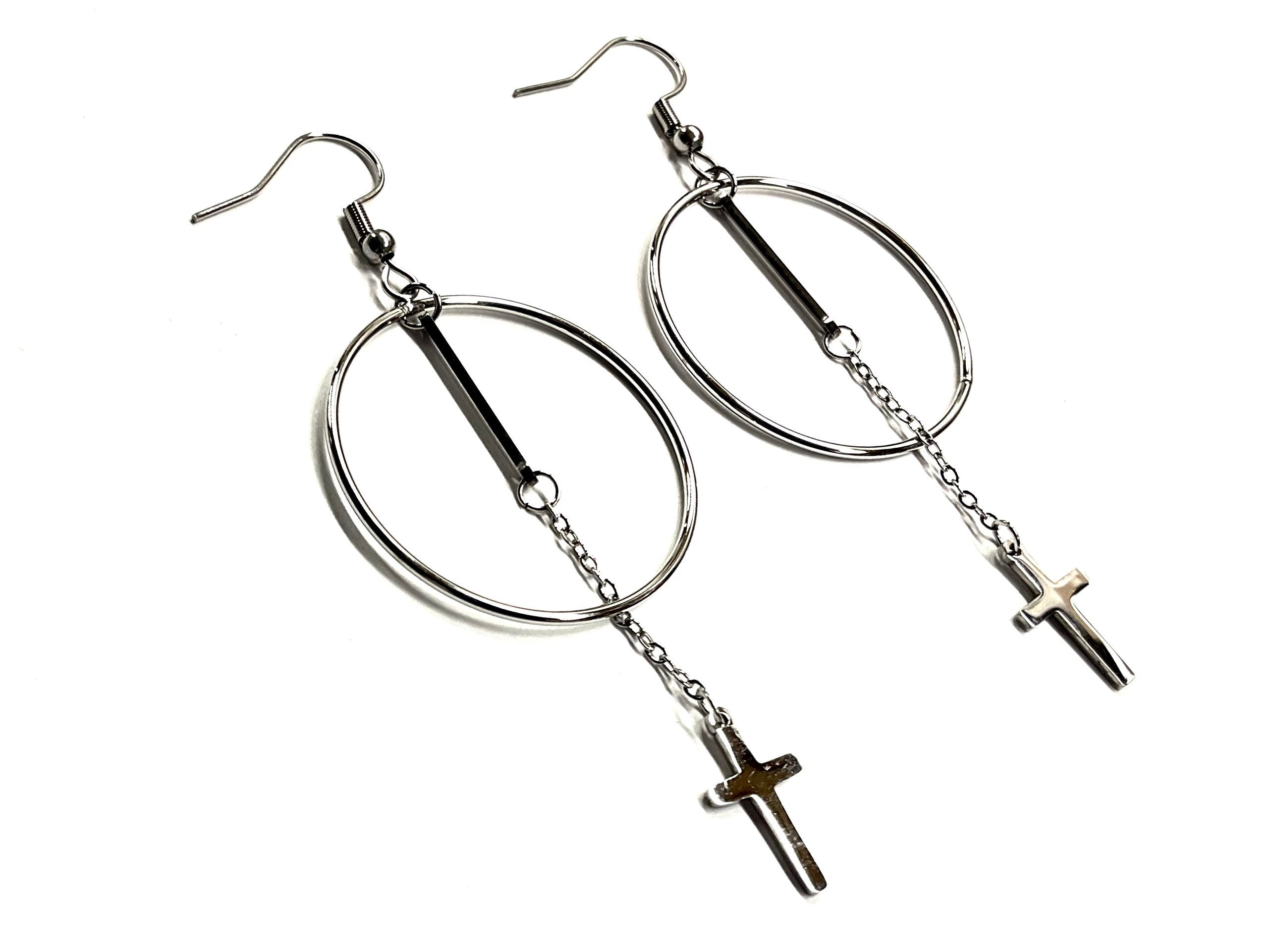 Silver-tone hoop cross drop earrings with dangling chain and small cross charm