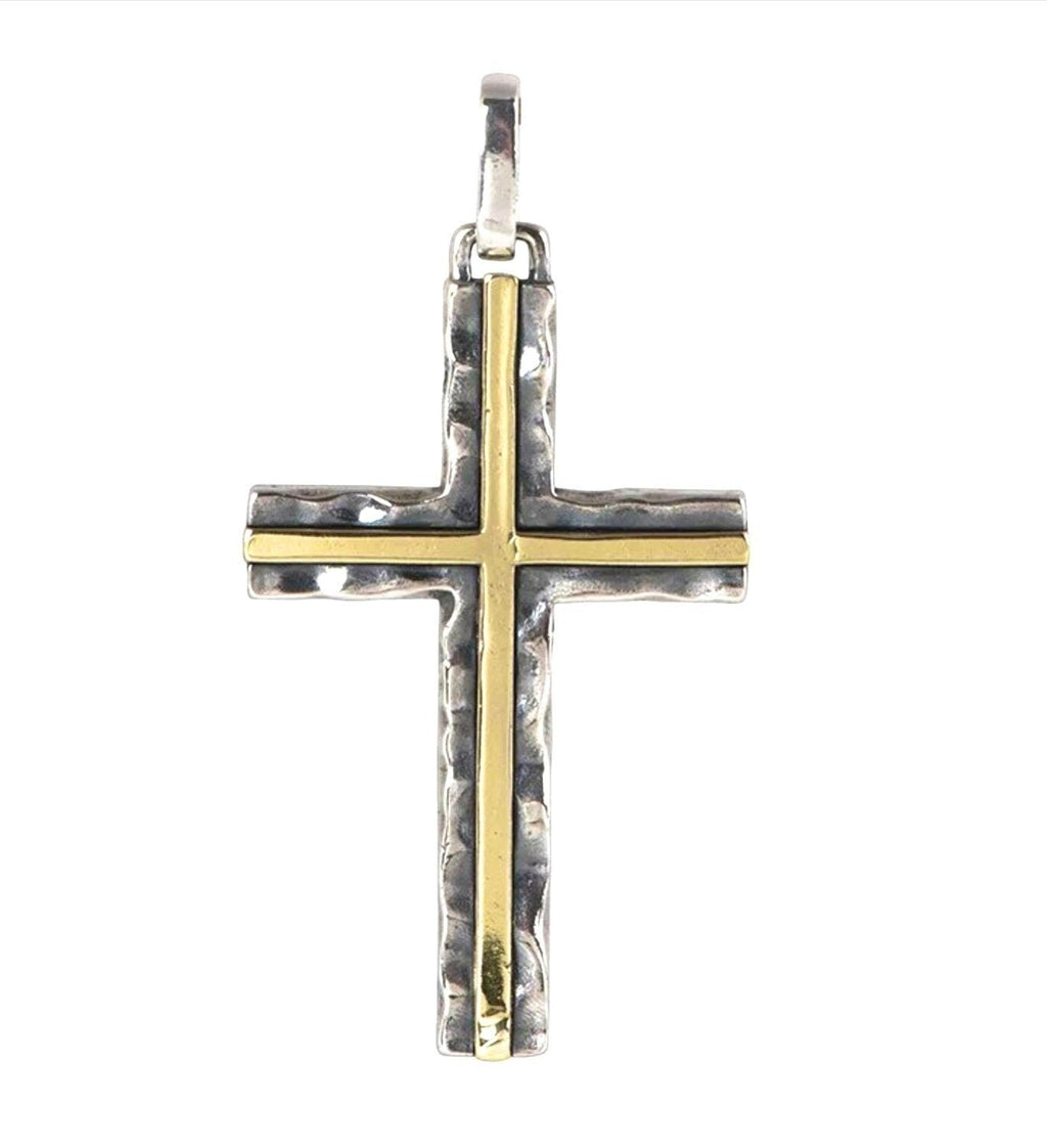 Hammered sterling silver cross pendant with brass inlay detail, on bail