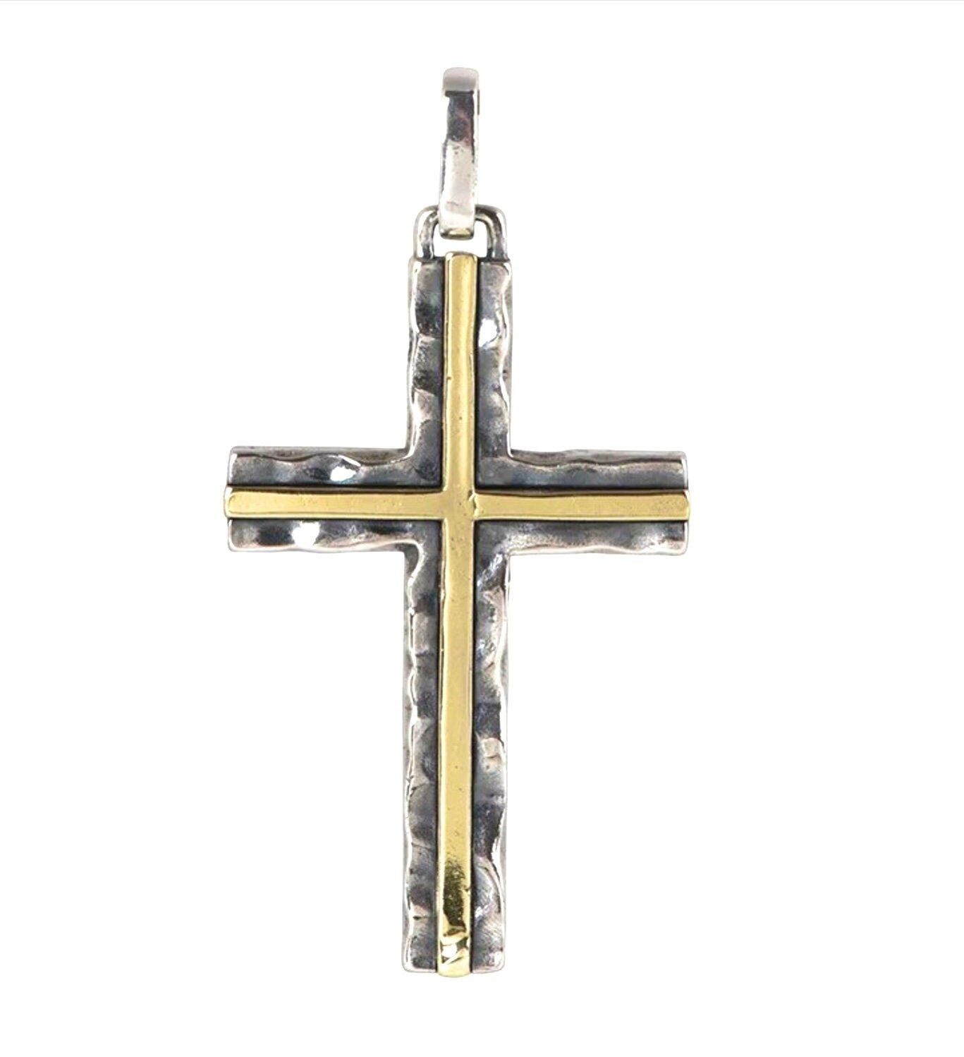 Hammered sterling silver cross pendant with brass inlay detail, on bail