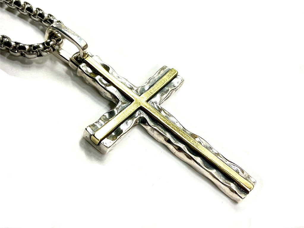 Silver cross pendant with brass inlay stripe accents on a chain
