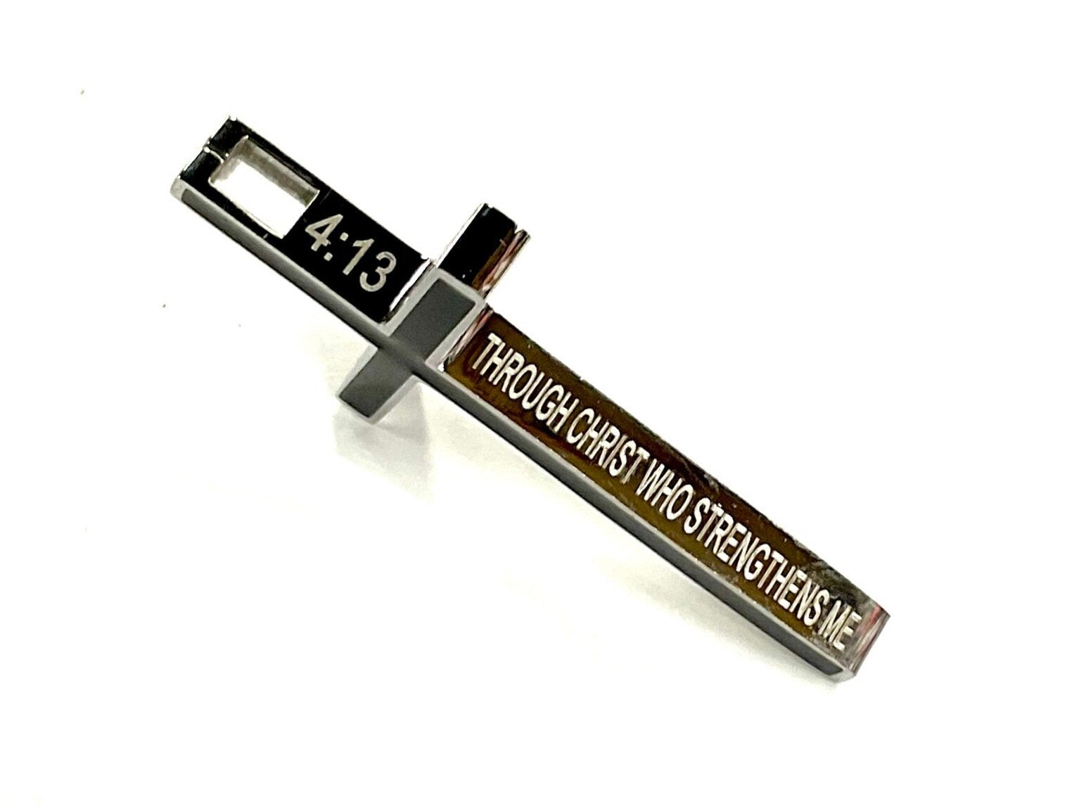 Cross necklace with black inlay, engraved “4:13 THROUGH CHRIST WHO STRENGTHENS ME”