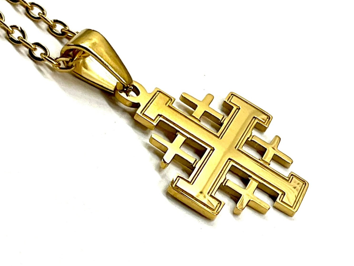 Gold stainless steel Jerusalem cross pendant with chain, geometric cross design