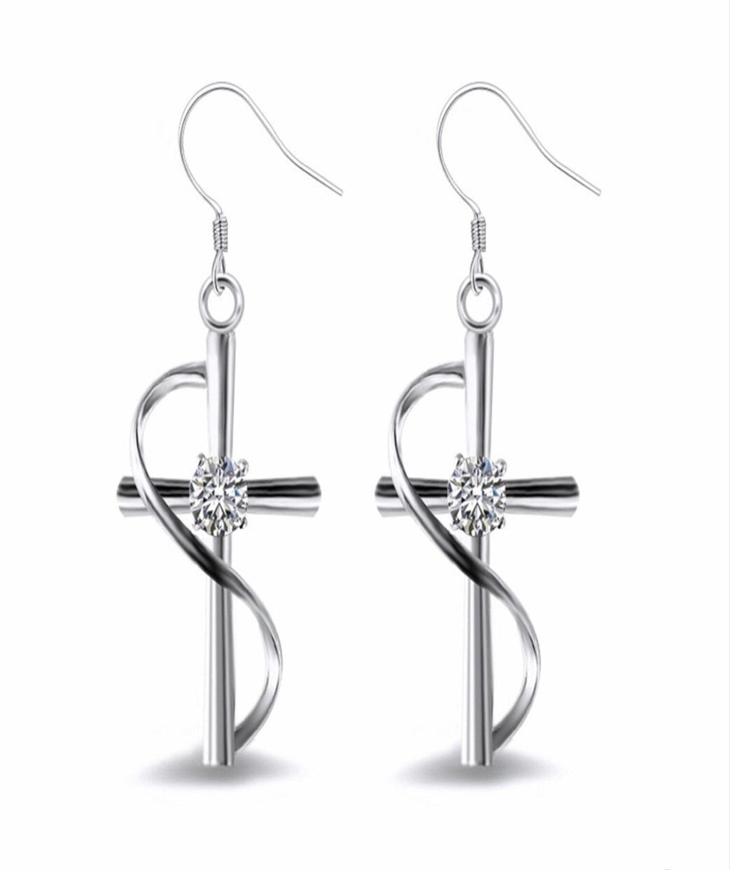 Twisted cross stud-style earrings with zircon center and silver-tone hooks