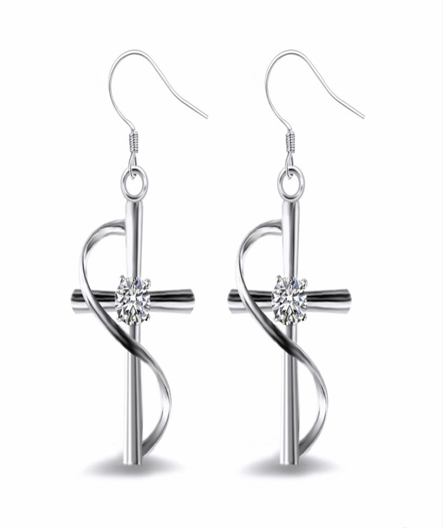 Twisted cross stud-style earrings with zircon center and silver-tone hooks