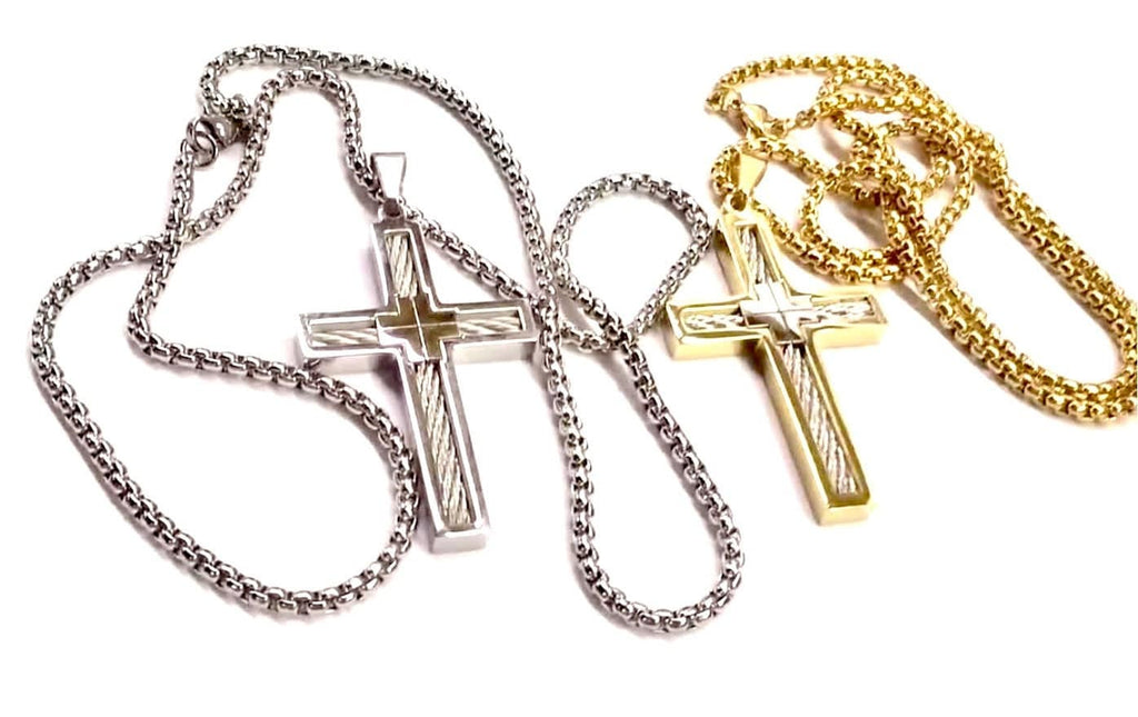 Crucifix pendant necklace set with silver chain and gold-tone cross