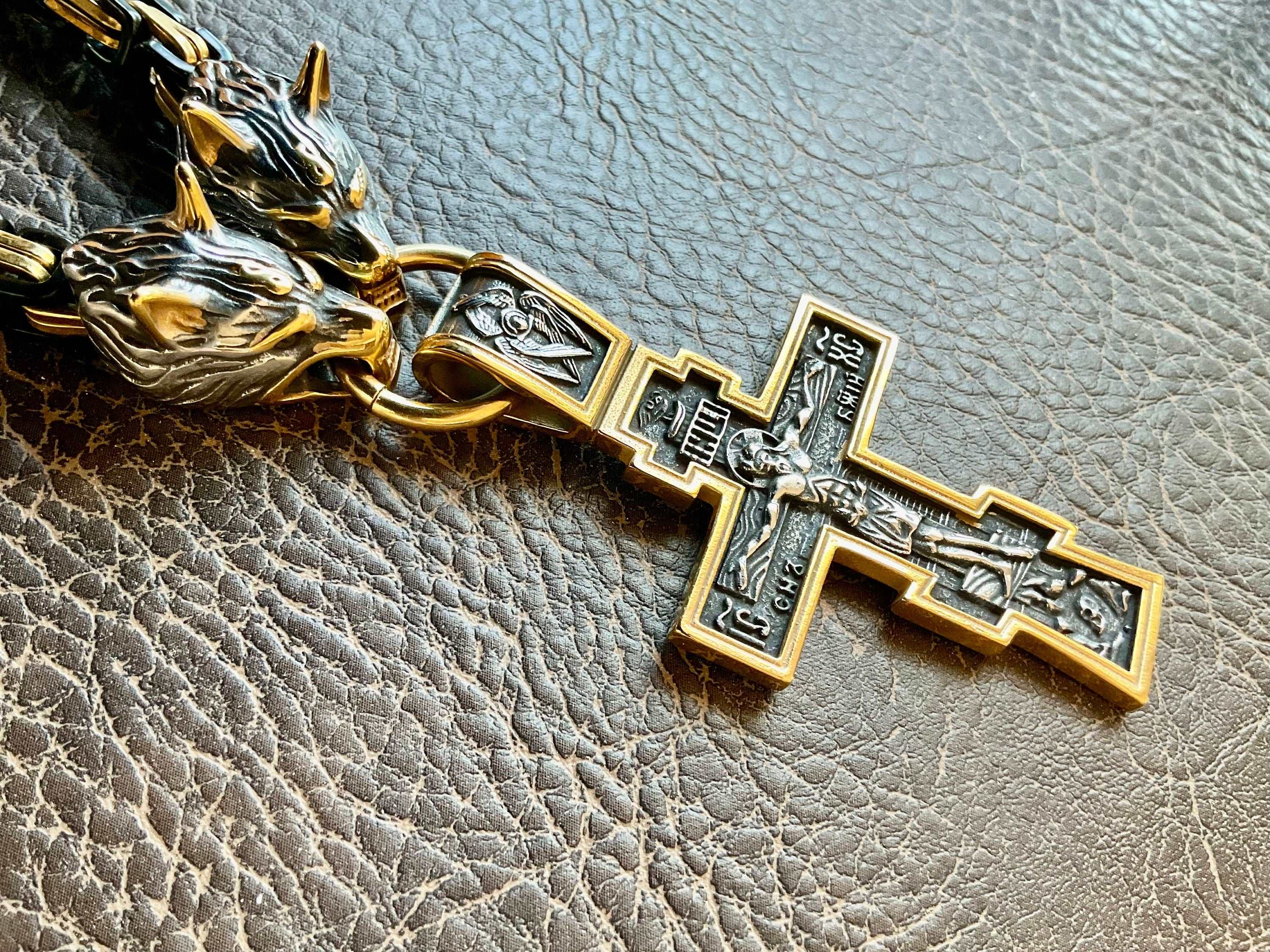 Gold-tone Orthodox cross pendant with engraved center on stainless steel chain