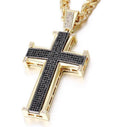 Crucifix cross necklace with gold-tone frame and black studded crystal inlay