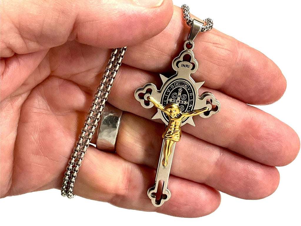 Gold-and-silver crucifix cross necklace with St. Benedict medallion pendant and chain