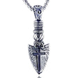 Arrowhead crucifix cross pendant necklace, dark cross on hammered metal pendant