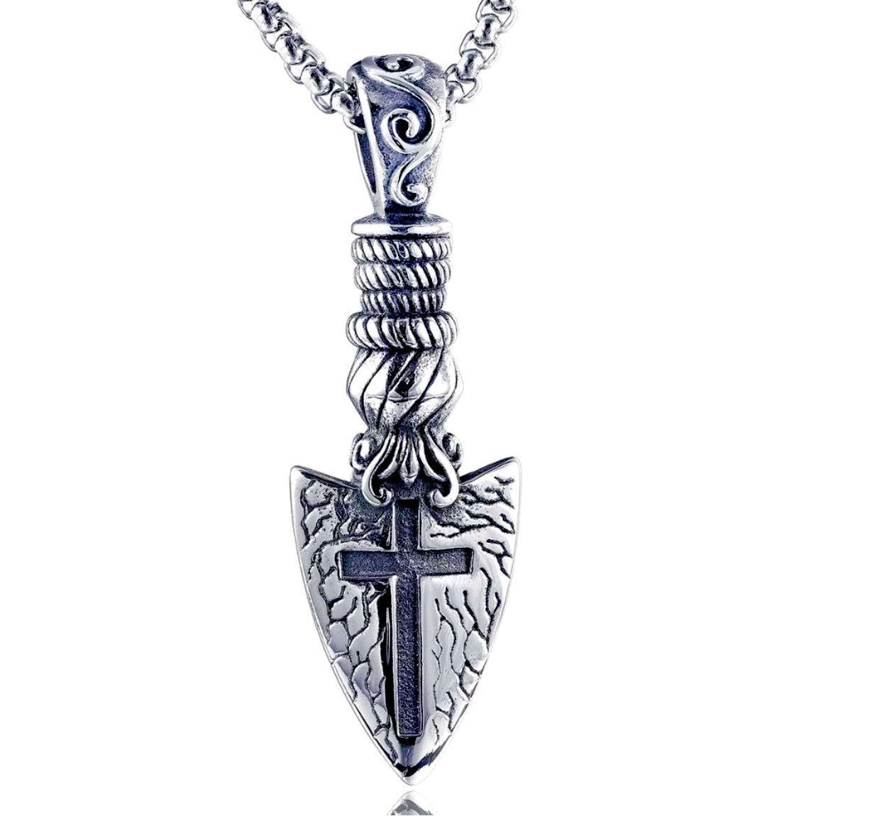 Arrowhead crucifix cross pendant necklace, dark cross on hammered metal pendant