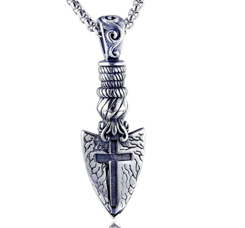 Arrowhead crucifix cross pendant necklace, dark cross on hammered metal pendant